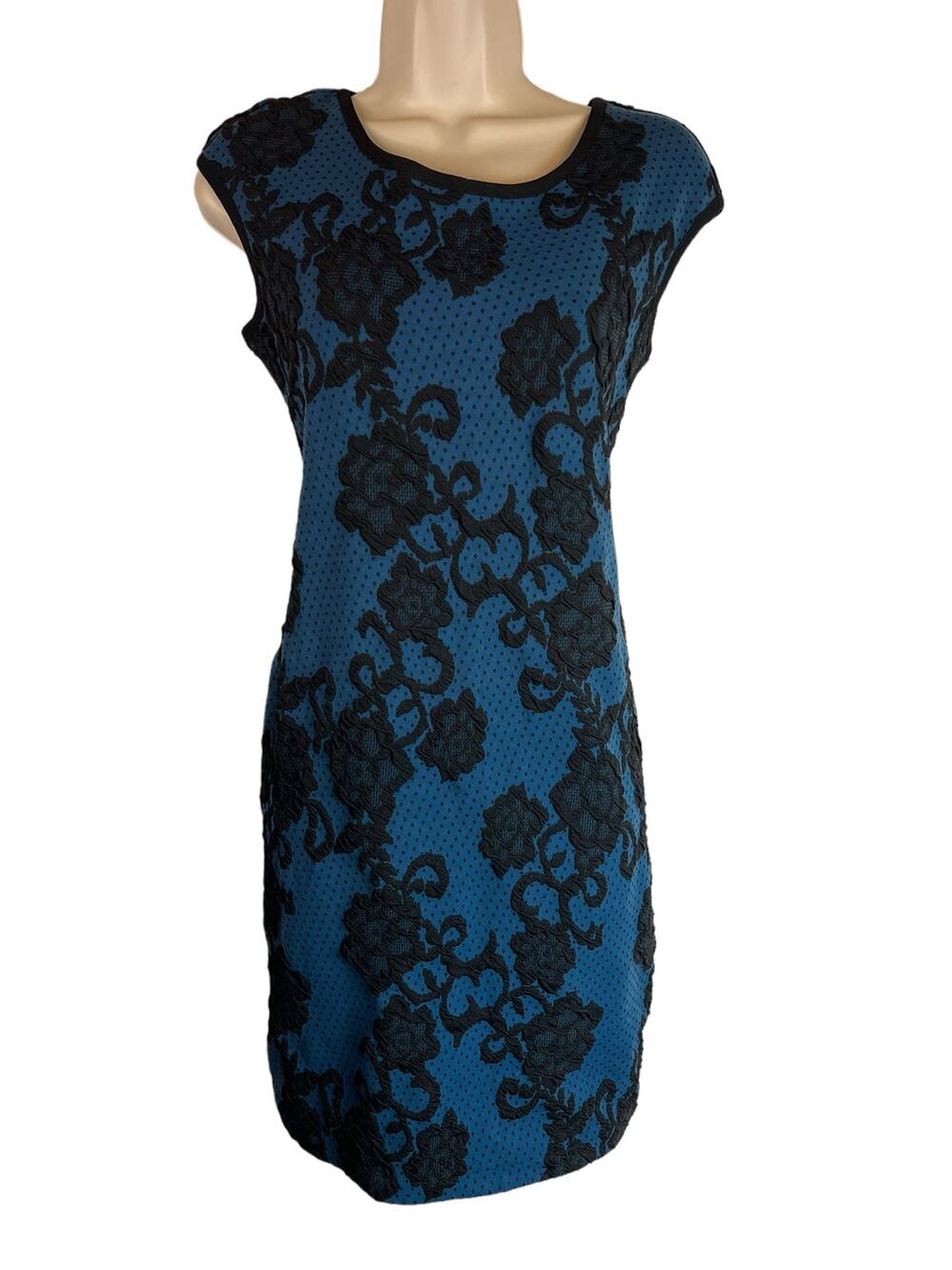 Nadya Toto Blue Black Stretchy Floral Dress Casual Cocktail Bodycon M Medium